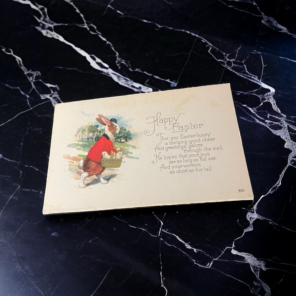 Vtg 1910s Postcard Anthropomorphic Gay Easter Bunny  Red Suit Basket of Chicks